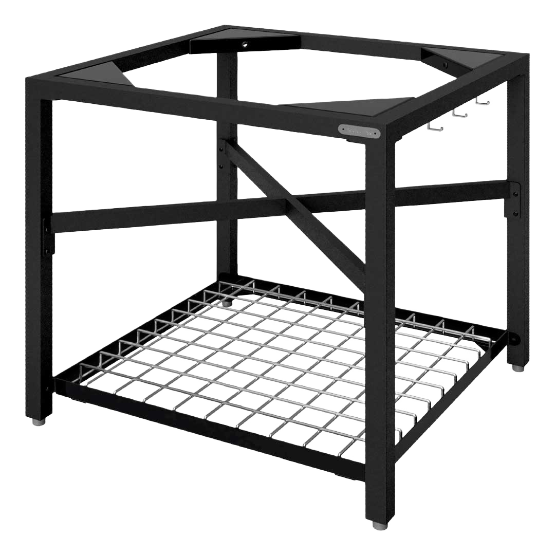 Black steel frame with wire insert shelf for Big Green Egg modular outdoor grilling setups and accessories collections