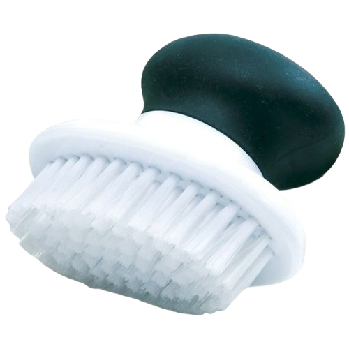 Vegetable scrub brush with dense nylon bristles and ergonomic non-slip grip for effective kitchenware cleaning under $25.