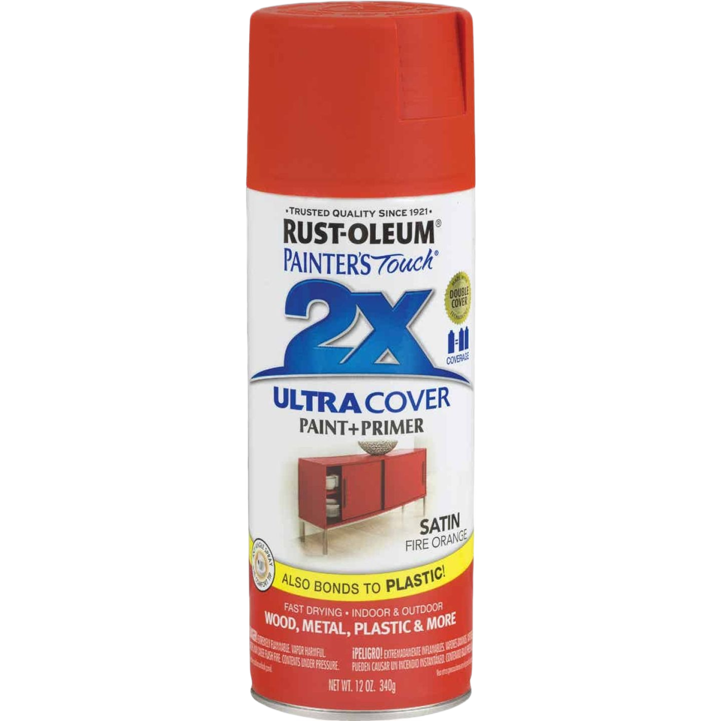 Rust-Oleum Fire Orange satin spray paint and primer can for wood, metal, plastic, part of home improvement supplies under $50