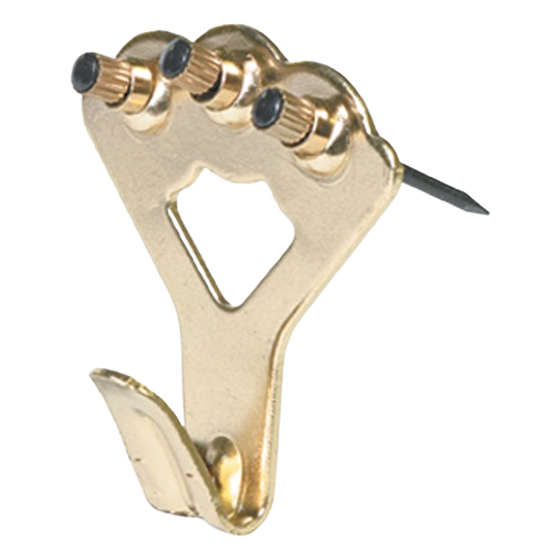 Brass picture hanger with three nails, designed to support up to 75 pounds in home improvement projects
