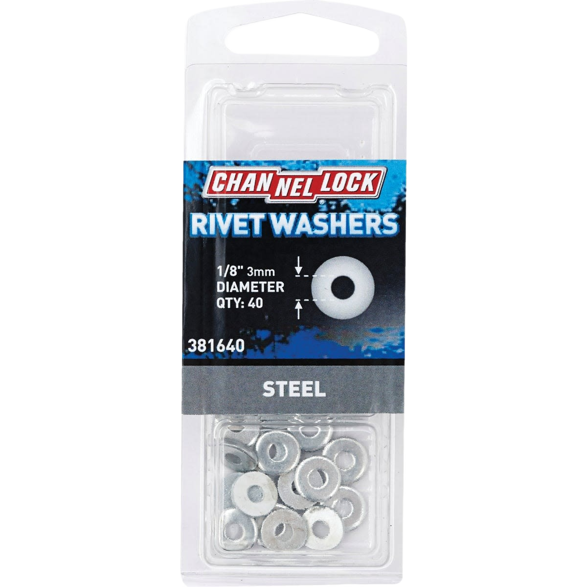 Clear plastic pack of steel rivet washers with blue and gray label highlighting size and quantity for home improvement use