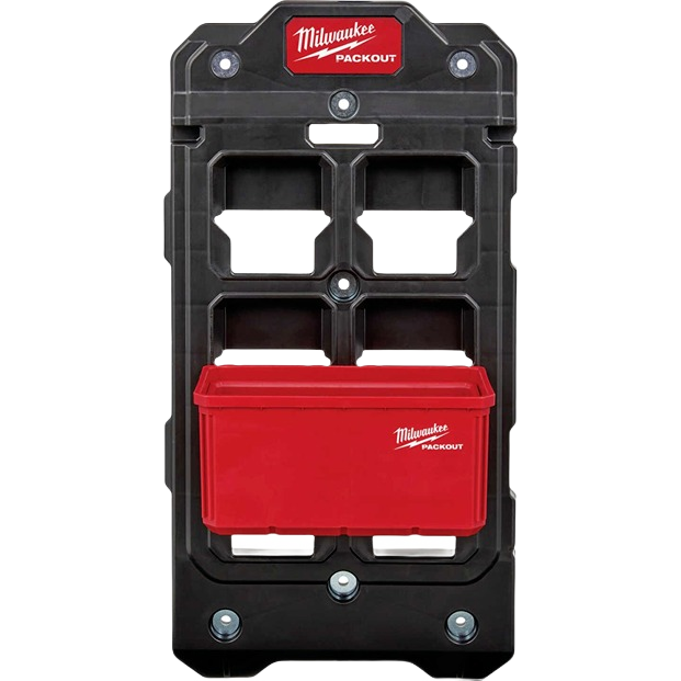 Black Milwaukee PACKOUT™ mounting panel with a red storage bin for workshop and tool organization systems