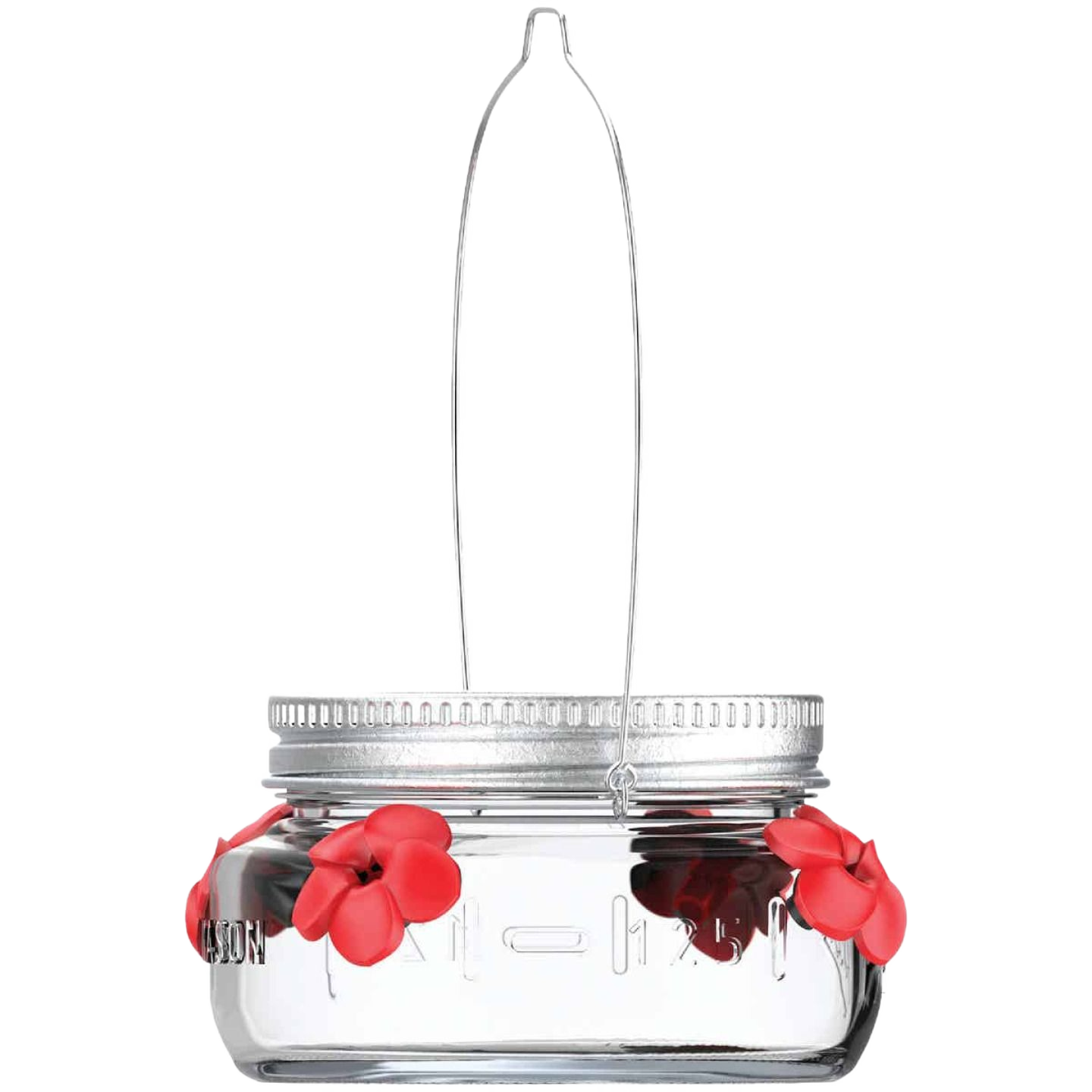 Clear glass mason jar hummingbird feeder with red flower-shaped feeding ports and hanging wire for outdoor use