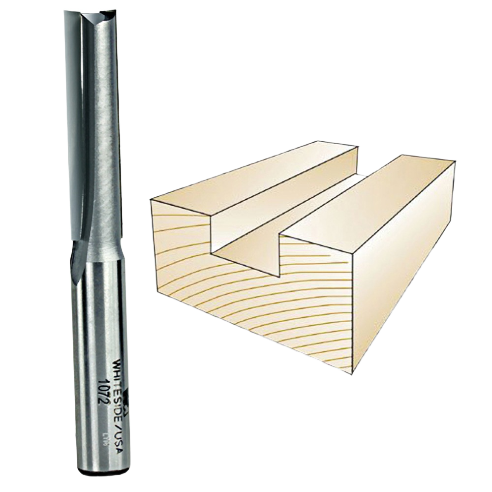 Whiteside straight router bit next to wood groove showing woodworking tool use in tool accessories collection