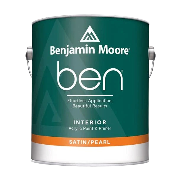 Can of Benjamin Moore Ben interior acrylic paint and primer in satin pearl finish for home improvement projects