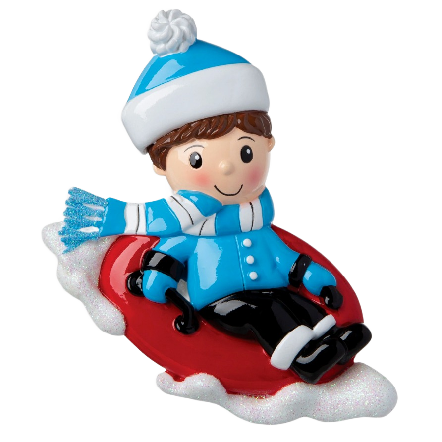 Boy in blue winter hat and scarf sledding on red snow tube for Christmas Ornaments & Tree Decorations under $50 collection