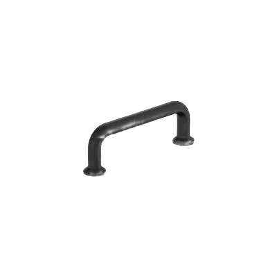 Matte black Amerock cabinet pull with curved design and pedestal feet for hardware and furniture accessories.