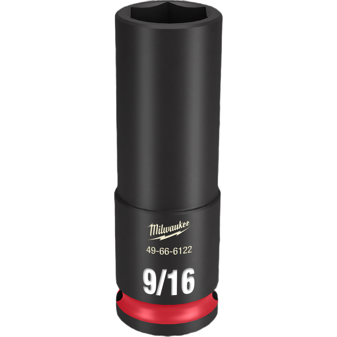 Black impact deep socket with 9/16 size marking, designed for heavy-duty hand tool and woodworking use under $50 collections