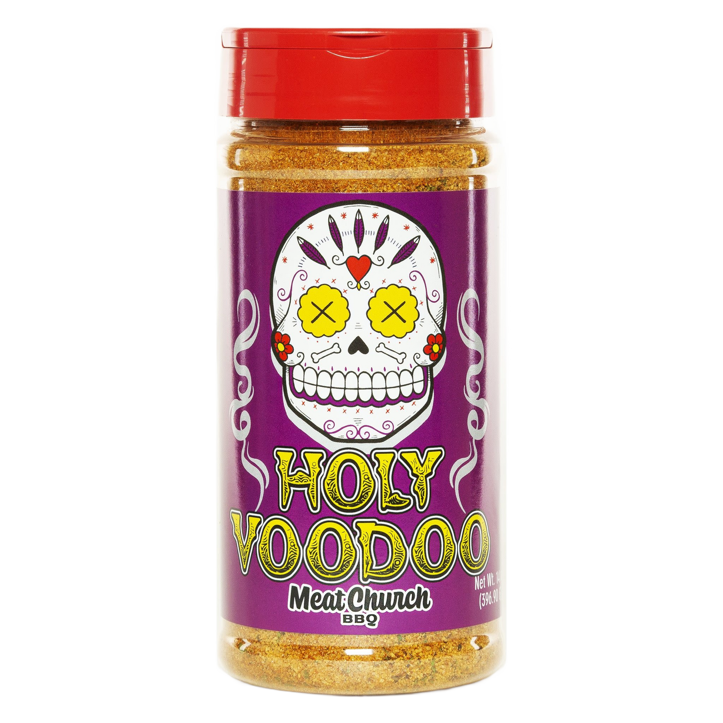 Bottle of gluten-free Holy Voodoo seasoning with colorful skull label for grilling and BBQ sauce spice collections