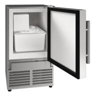 Stainless steel ice maker with open door showing crescent ice storage compartment in kitchen appliances collection