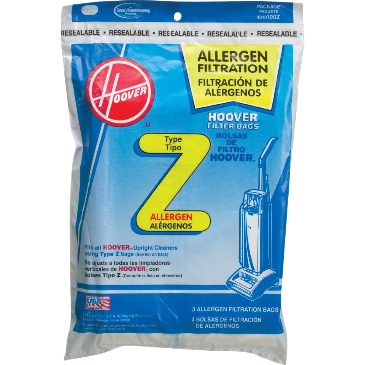 Resealable blue and white vacuum filtration bags compatible with upright cleaners for home improvement use