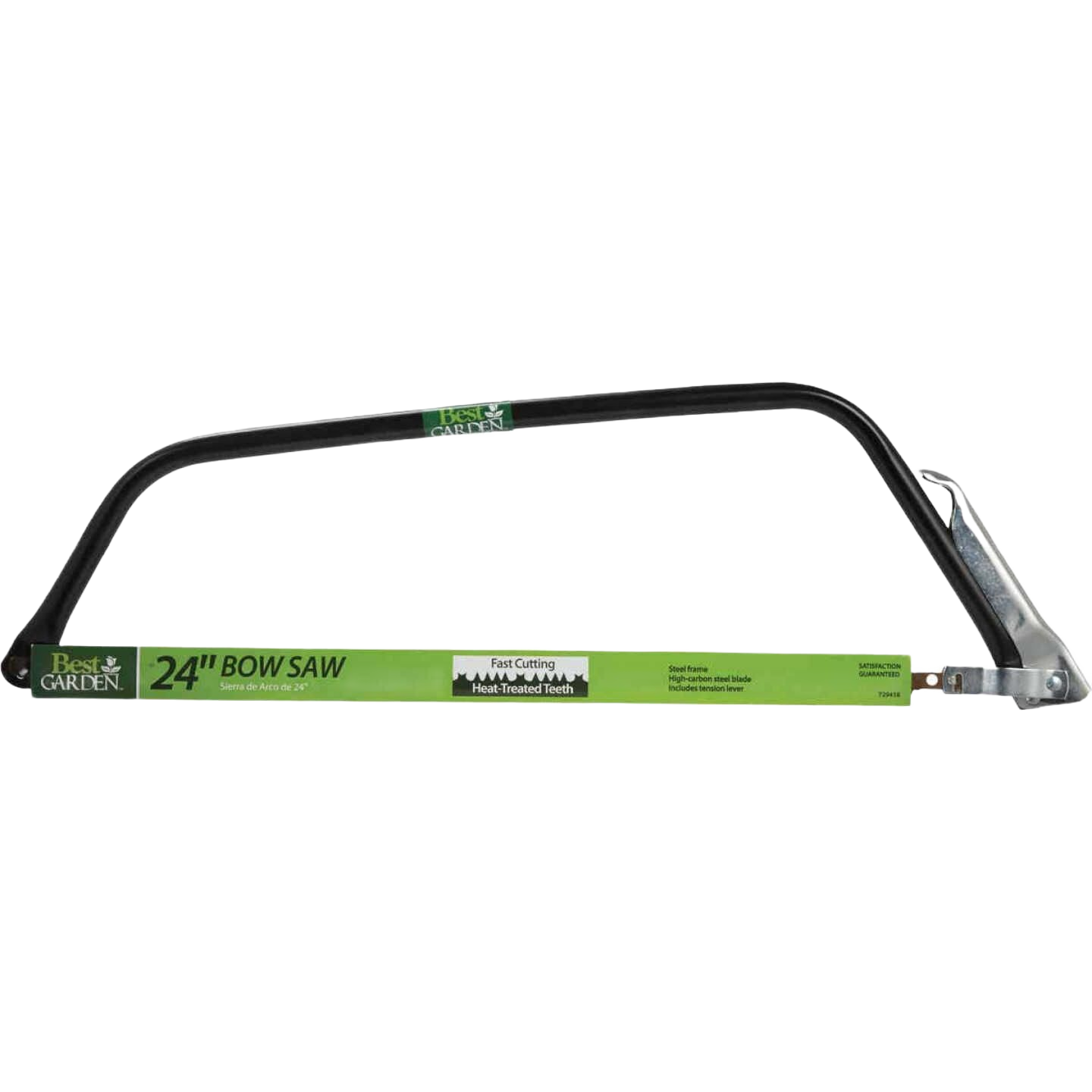 24-inch bow saw with black steel frame and heat-treated teeth for efficient wood cutting and outdoor tasks