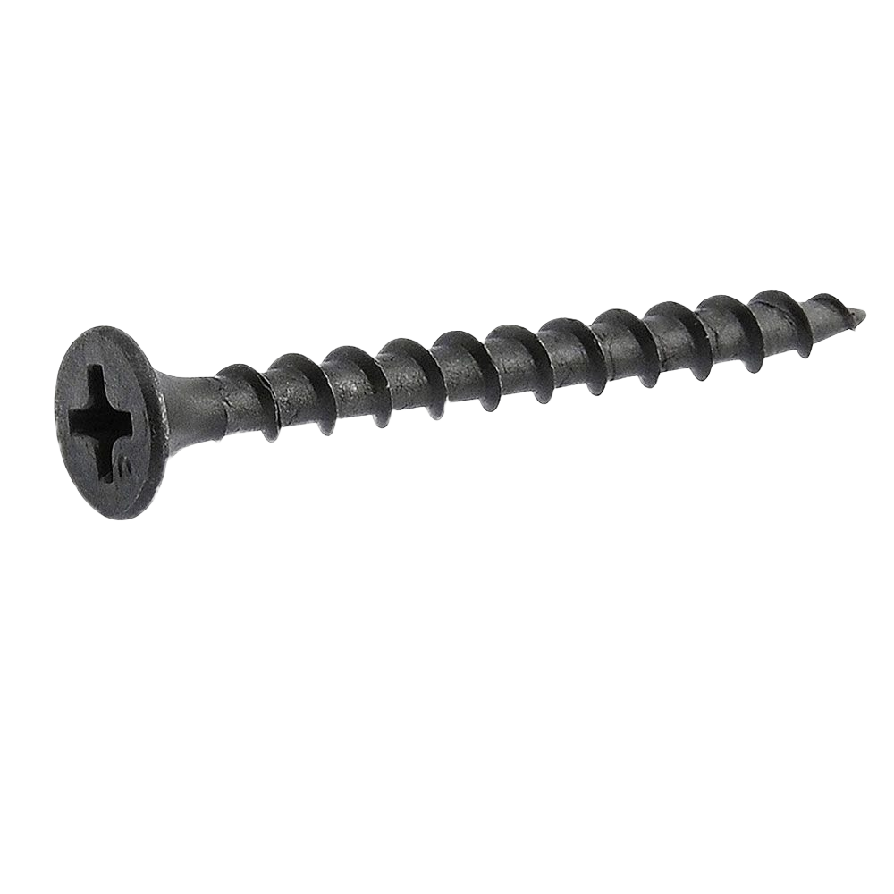 Black coarse thread drywall screw with Phillips flat head for fastening wood or metal in hardware and fasteners collections