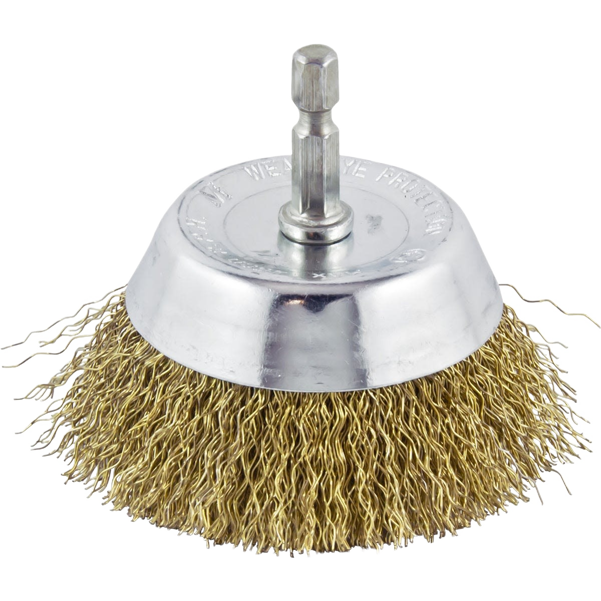 Metal wire cup brush with fine twisted bristles and hex shank for use with power drills in home improvement tasks