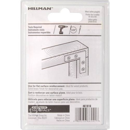 Packaging of Hillman bright brass flat corner iron with installation diagram for hardware and home improvement projects