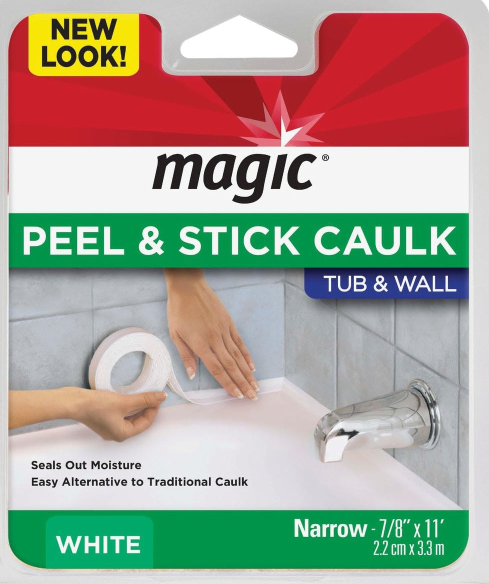 Person applying white peel and stick caulk strip to tub and tiled wall for home improvement tasks