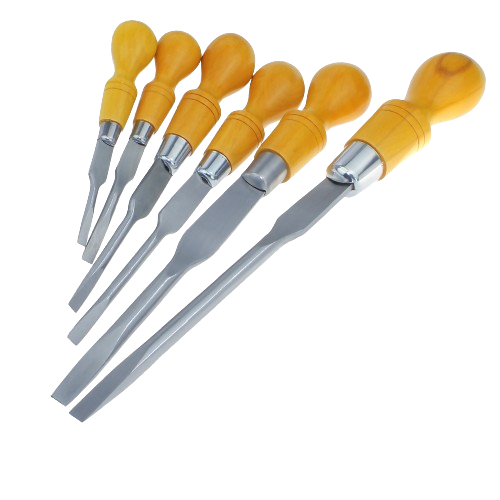 Set of six cabinetmakers screwdrivers with polished steel blades and rounded wooden handles for home and tool use