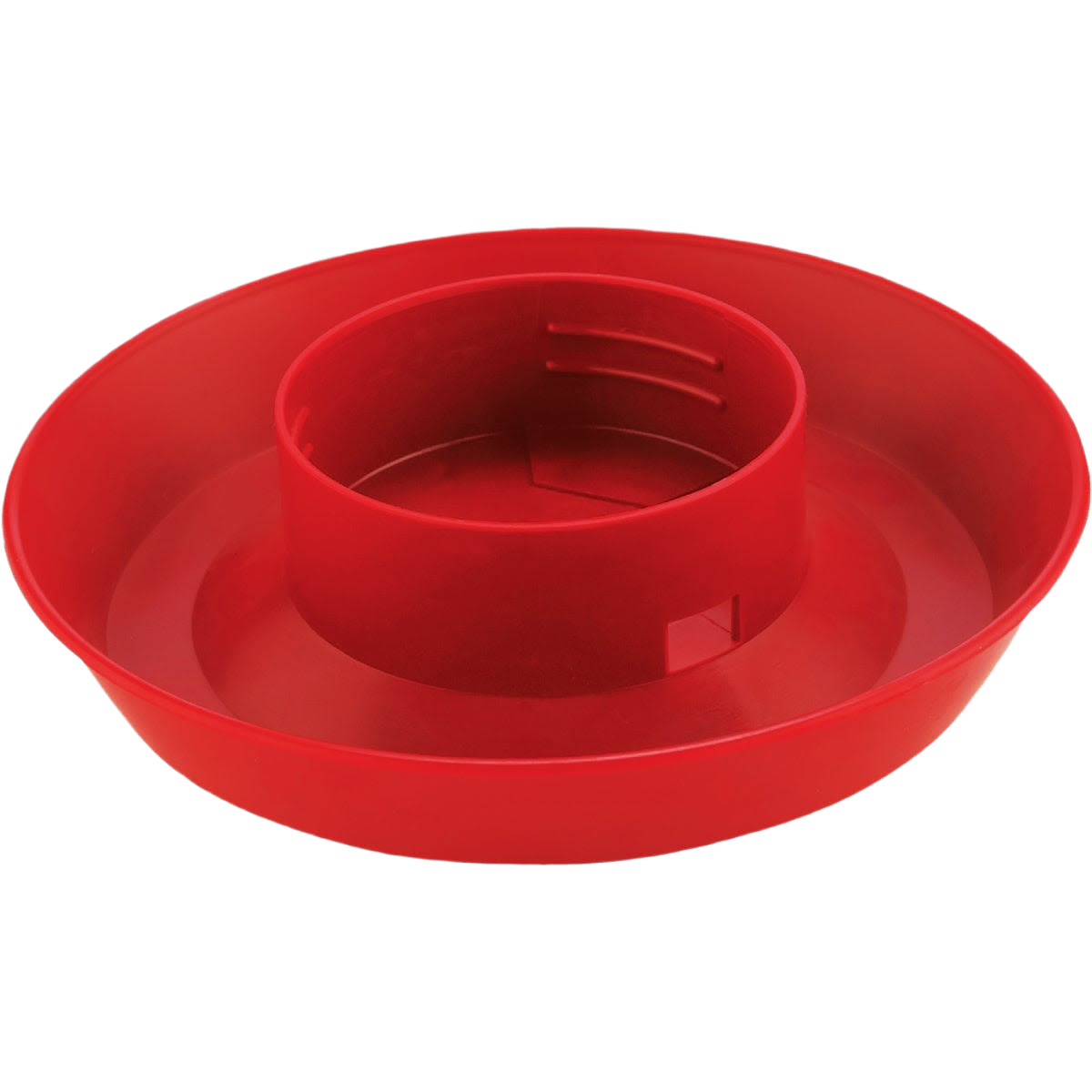 Red screw-on poultry waterer base made of durable plastic for easy attachment and poultry hydration tasks