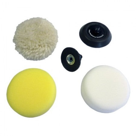 Five-piece polishing accessory kit with foam and wool pads plus backing plates for woodworking tools and home improvement