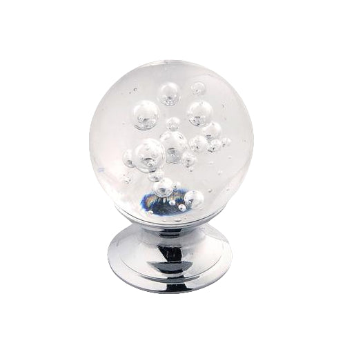 Clear glass knob with suspended bubbles and polished chrome base for cabinet and furniture hardware collection