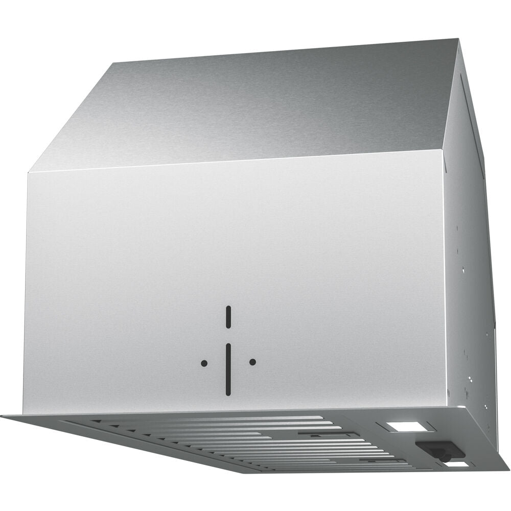 Stainless steel 34-inch range hood insert with LED lighting and hybrid baffle filters for kitchen ventilation.