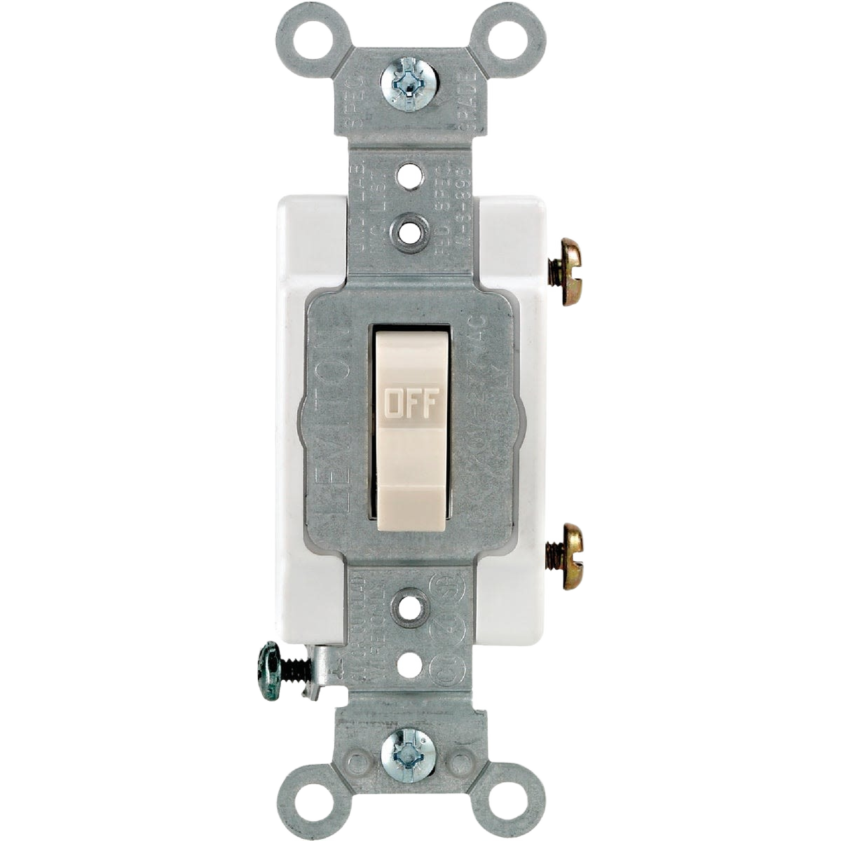 Commercial grade toggle switch in light almond color with metal mounting frame for home improvement projects