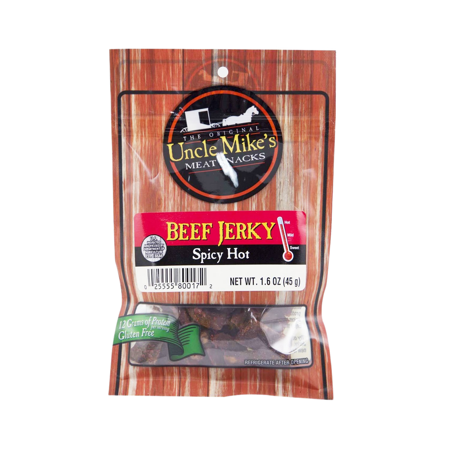 Package of spicy hot beef jerky with gluten-free label from Chips & Snacks and Food & Beverage collections
