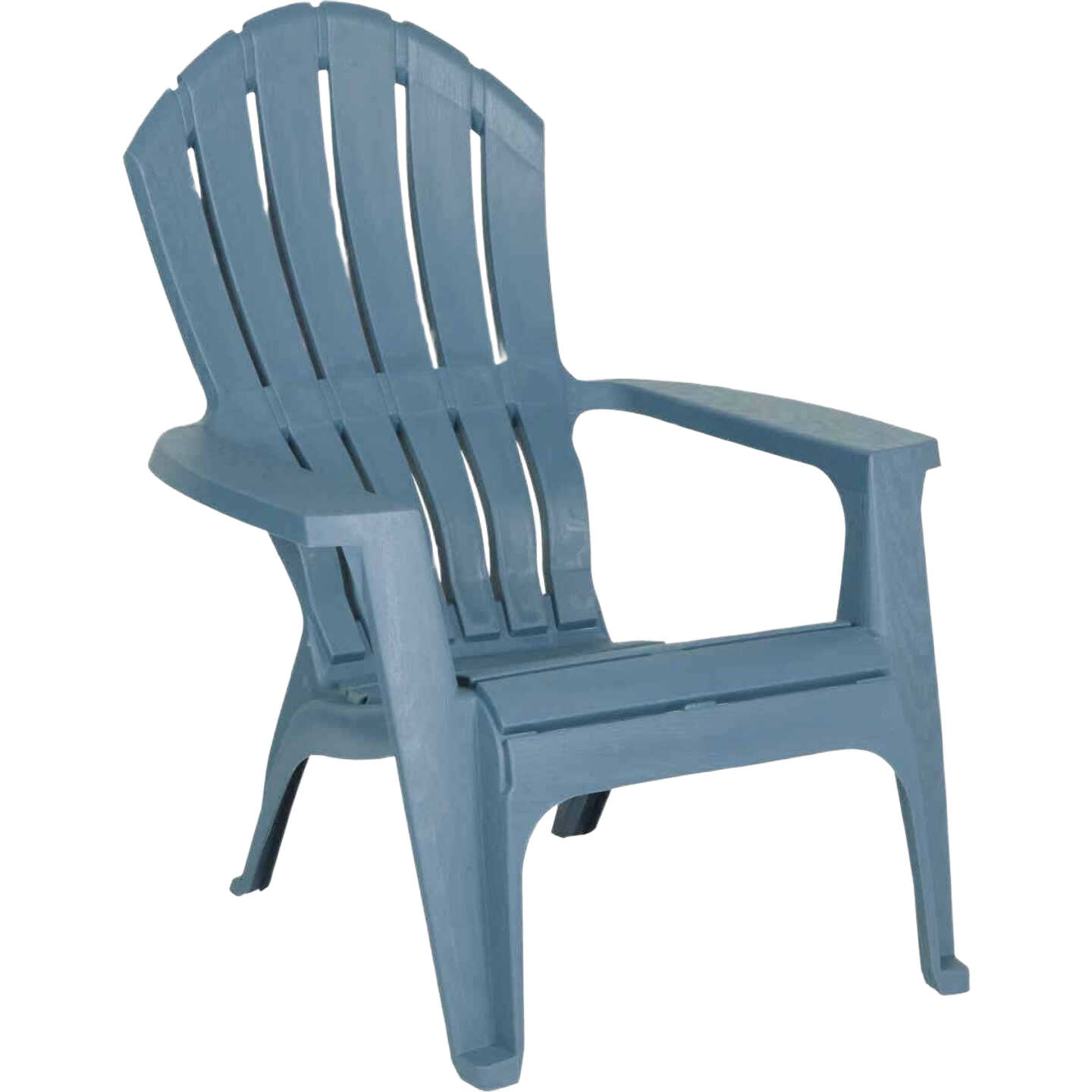 Blue resin Adirondack chair with slatted curved back and wide armrests for outdoor relaxation and home improvement use