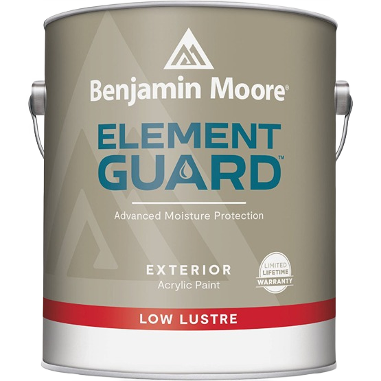 Quart-sized can of Benjamin Moore Element Guard exterior acrylic paint in white low lustre finish for home improvement