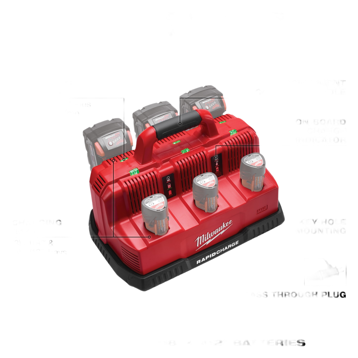 Red Milwaukee dual-bay charging station for multiple tool batteries with carry handle in power tool accessories collection