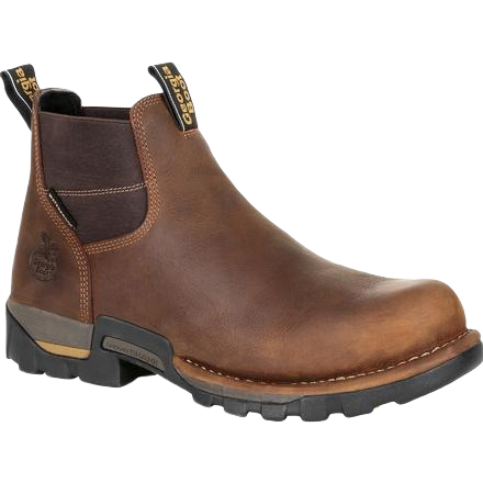 Brown waterproof leather Chelsea work boot with durable tread sole and elastic side panels for easy wear
