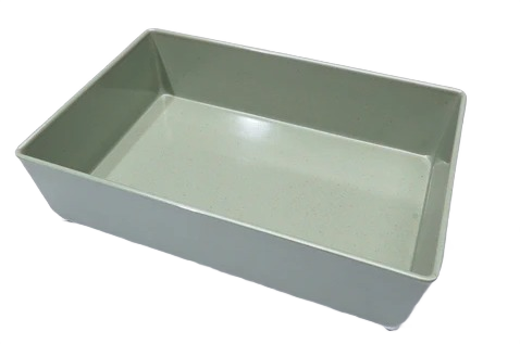Rectangular sage green organizing tray made from bamboo melamine for kitchen and countertop storage solutions