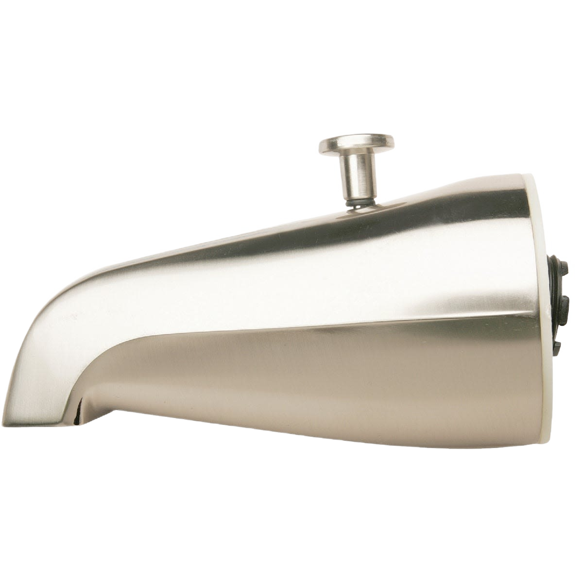 Brushed nickel bathtub spout with diverter for directing water flow, ideal for home improvement projects