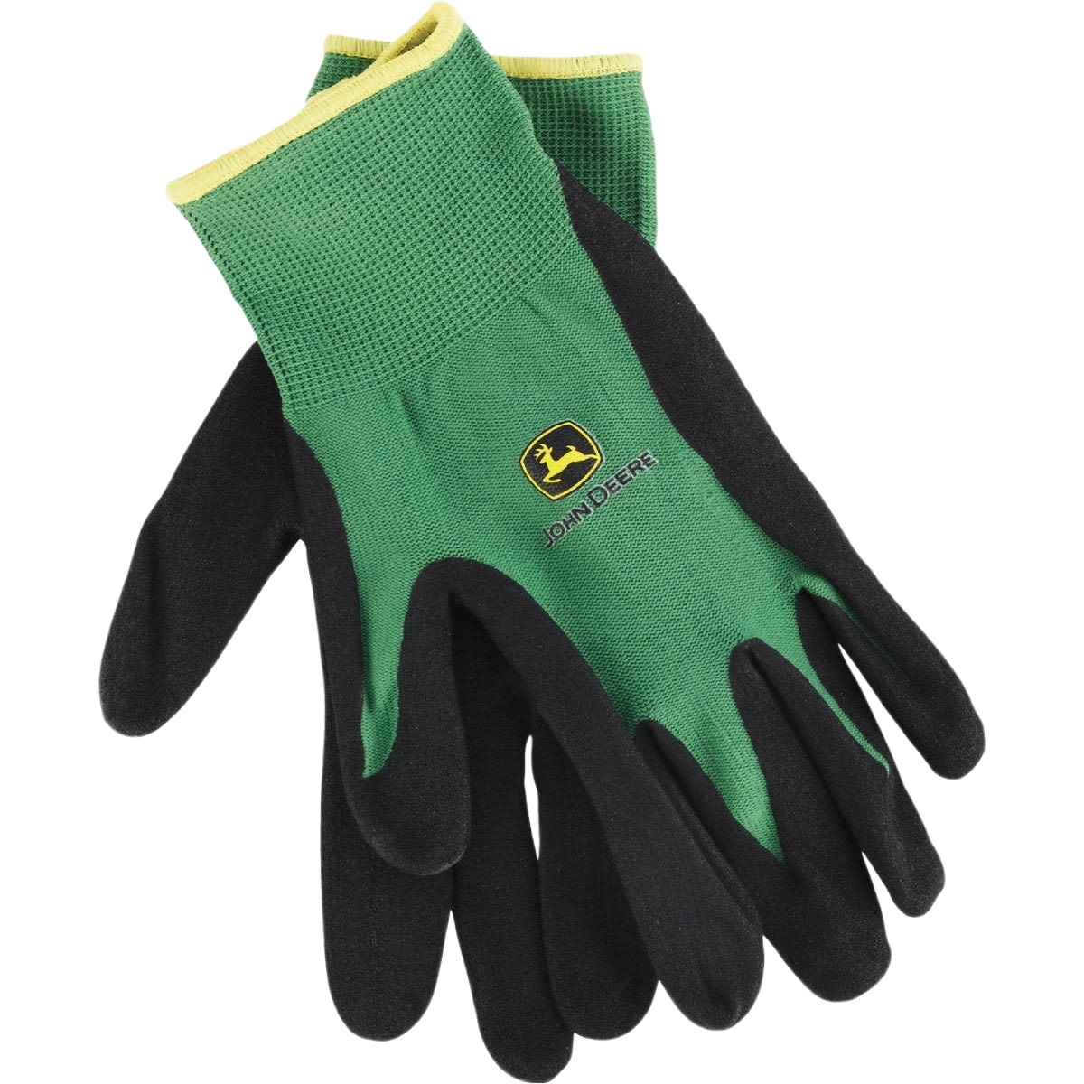 Pair of green and black nitrile coated gloves with textured grip and elastic wrist for safety and work under $50 collections