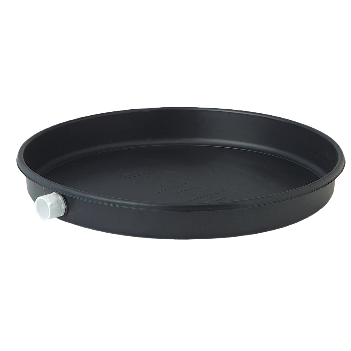 Black plastic water heater drain pan with PVC adapter for home improvement plumbing applications