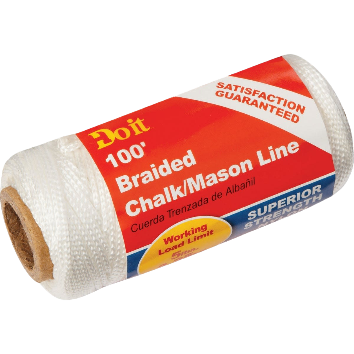White braided nylon chalk line reel with 100 ft length for marking in tools and home improvement projects