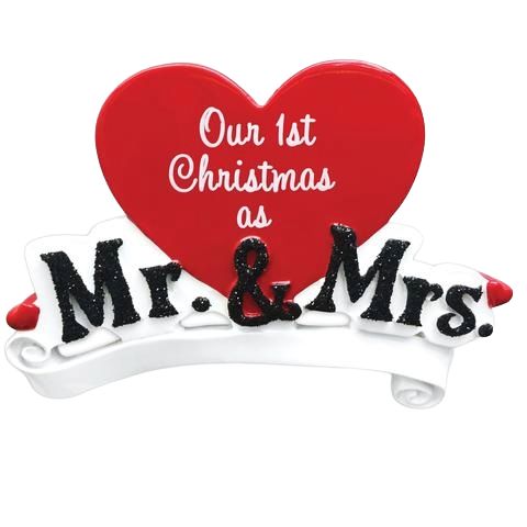 Red heart ornament with "Our 1st Christmas as Mr. & Mrs." in white and black script for holiday décor under $50
