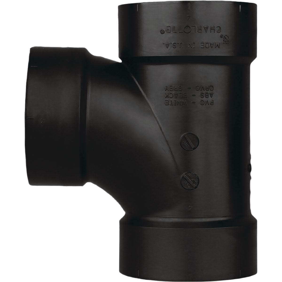 Black ABS sanitary tee fitting with three hub connections for plumbing in pipes and fittings collection