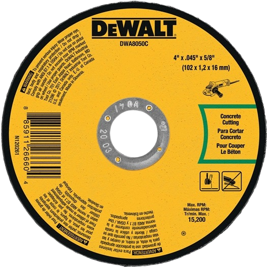 Yellow DEWALT masonry cutting wheel designed for concrete with detailed safety and usage instructions on label