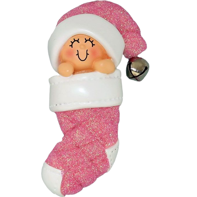 Smiling baby nestled in glittery pink stocking with white cuff and silver bell from Christmas Ornaments & Tree Decorations collection