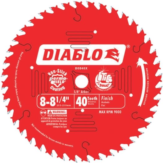 Red 40-tooth circular saw blade with anti-stick coating designed for precise finishing cuts in home improvement projects