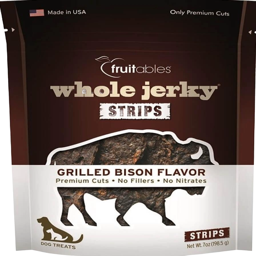Package of grilled bison flavor dog treats with premium cuts, no fillers or nitrates from Pet & Animal collection