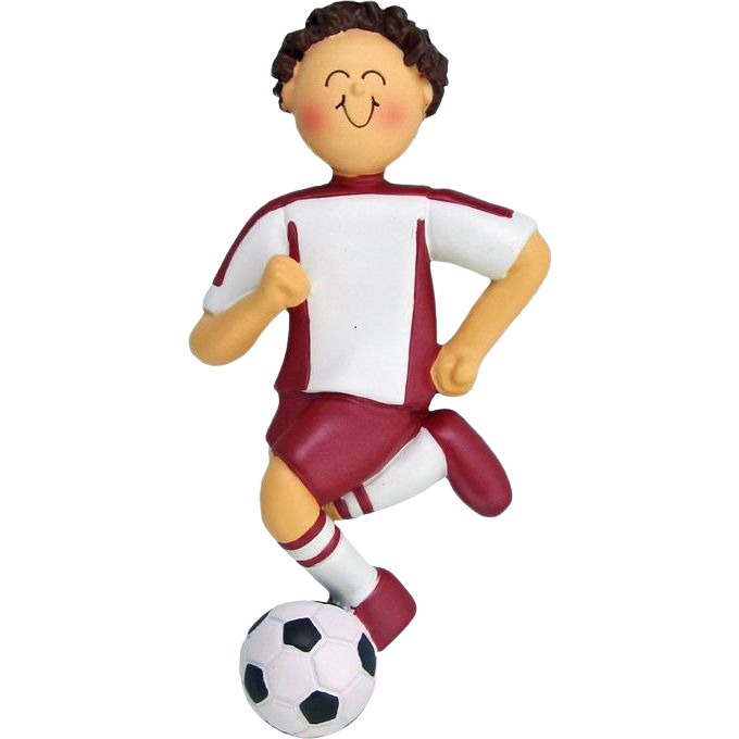 Brunette boy figurine in red and white soccer uniform posing with ball from Christmas Ornaments & Tree Decorations under 50