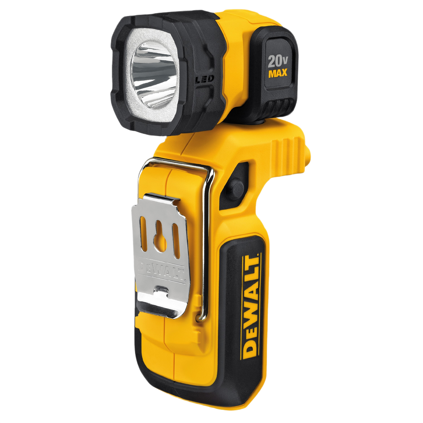 Compact yellow and black handheld LED work light with metal clip, part of flashlights and under $100 tool collections