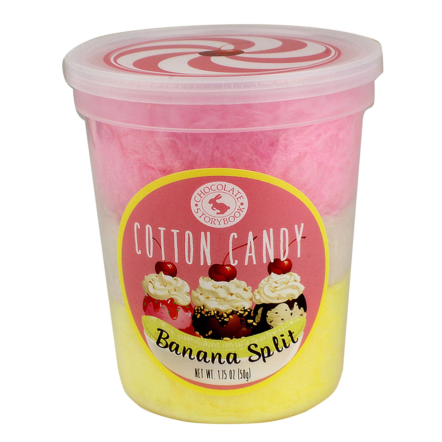 Clear container of pink and yellow Banana Split flavored cotton candy from Chocolates & Candies collection