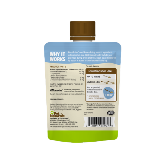 Back view of PetNaturals Calming Peanut Butter BusyButter pouch with product facts and usage directions in pet supplies collections under $50