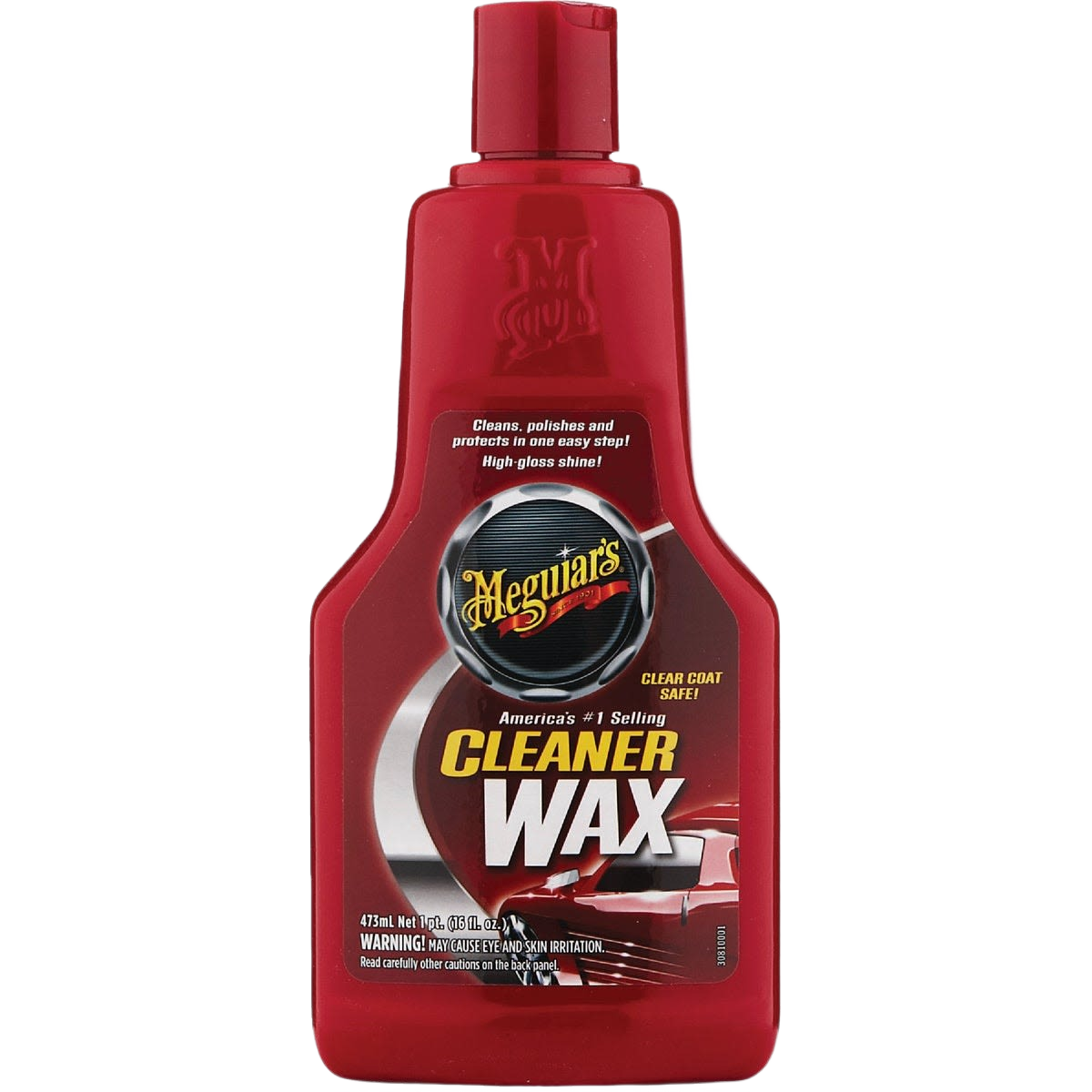 Red plastic bottle of Meguiars cleaner wax for automotive paint cleaning and protection in car care collection