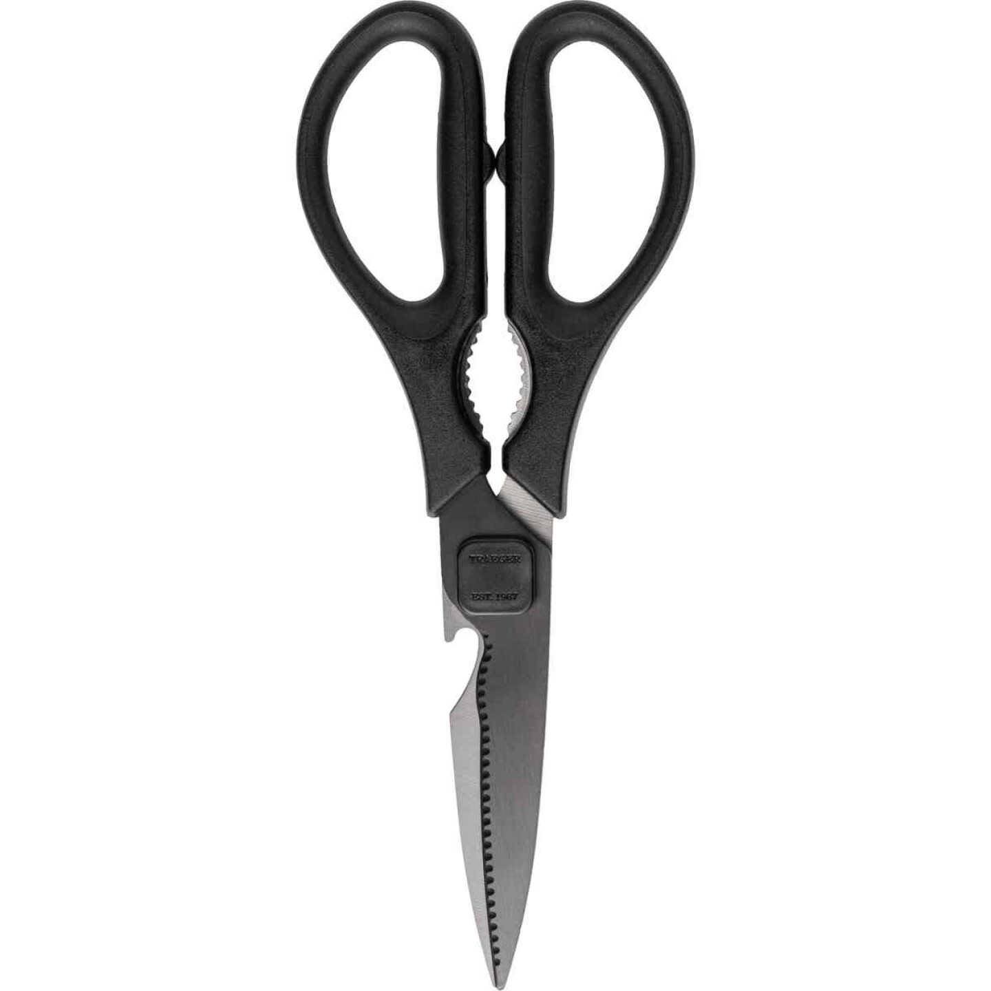 Black titanium-coated grilling shears with ergonomic handles, ideal for outdoor living and grill accessories under $50.