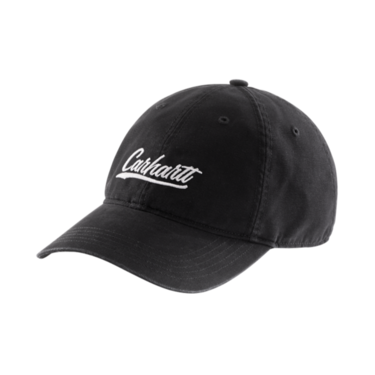 Black canvas cap with script logo embroidery, featuring a curved brim and adjustable back, part of Accessories and Clothing collections.