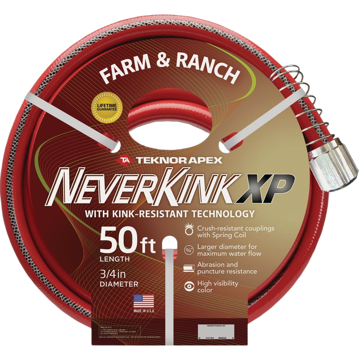Red commercial-grade garden hose with crush-resistant aluminum couplings for watering and irrigation under $100
